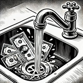 A black and white cartoon-style comic strip illustration depicting a sink with dollar bills being poured down the drain. The image has a hand-drawn, s